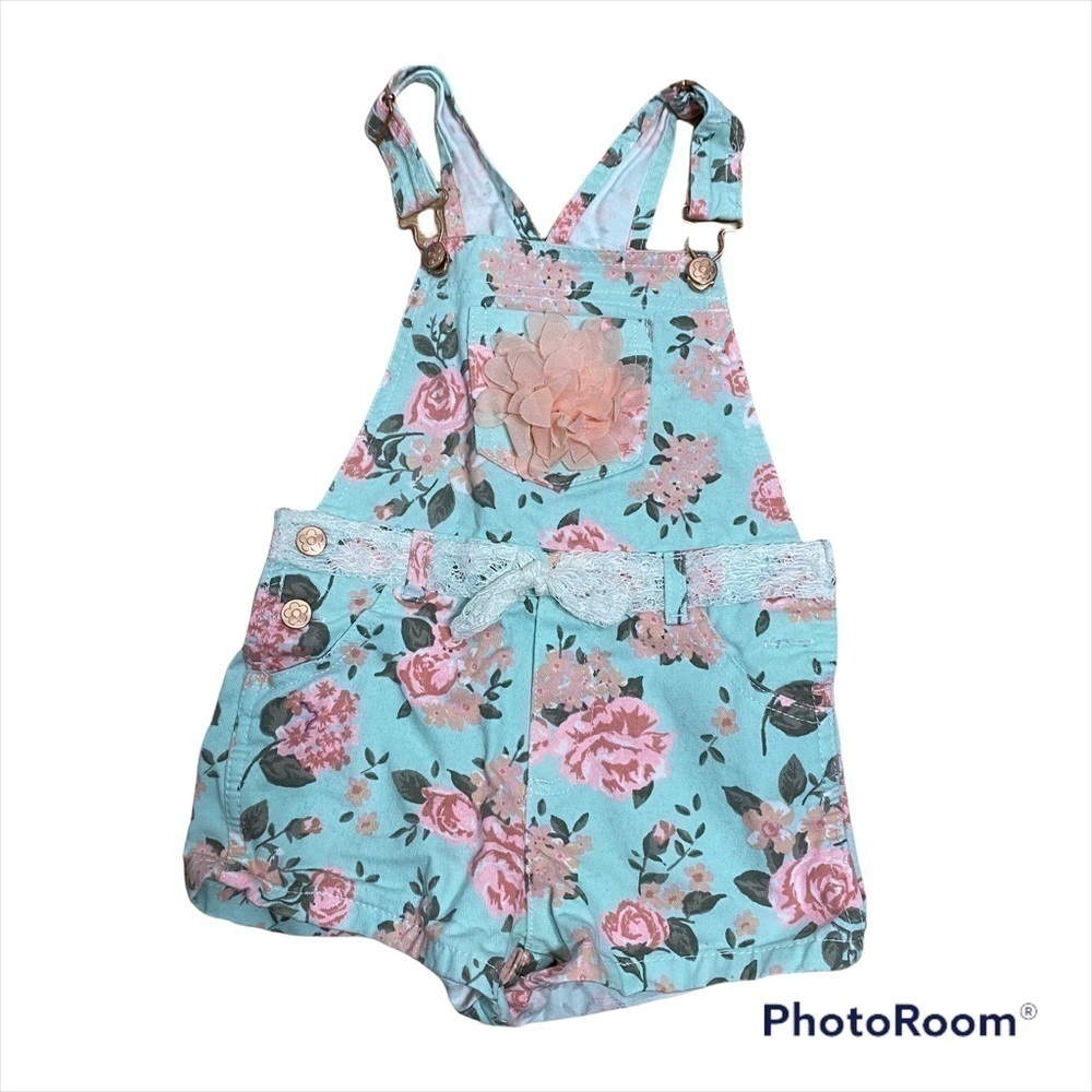 Floral Shortalls Blue Pink Shorts Bib Overalls Romper 3T Girls Toddler